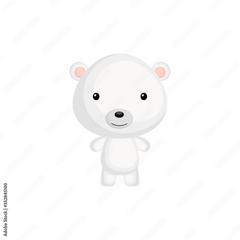 Naklejka premium Cute funny baby polar bear isolated on white background. Wild arctic adorable animal character for design of album, scrapbook, card and invitation. Flat cartoon colorful vector illustration.