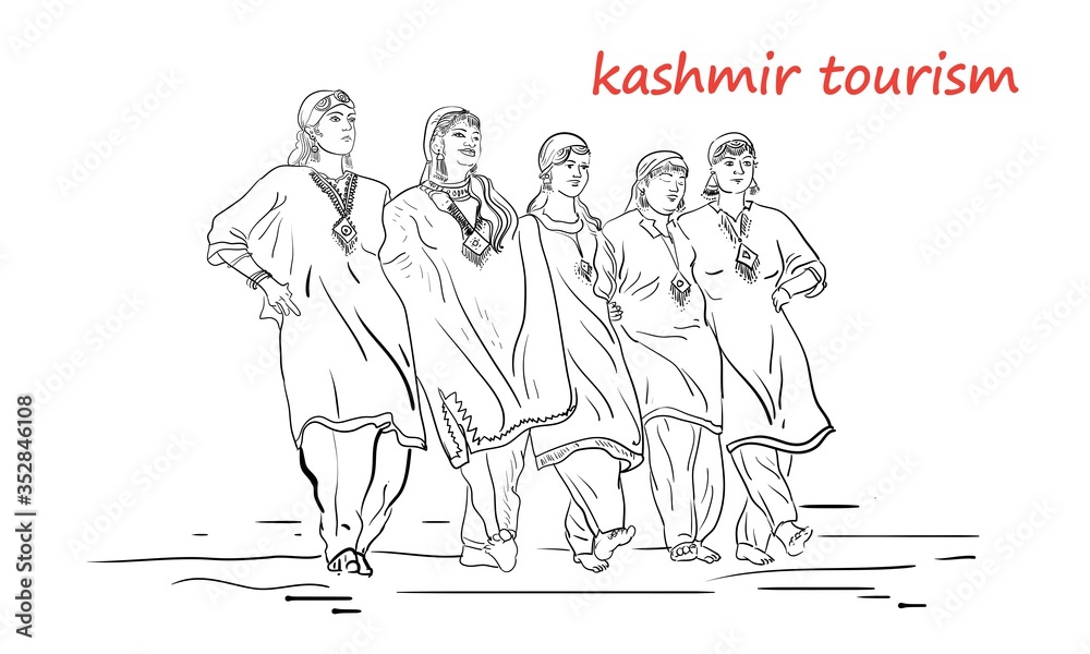 kashmir people dancing line drawing vector