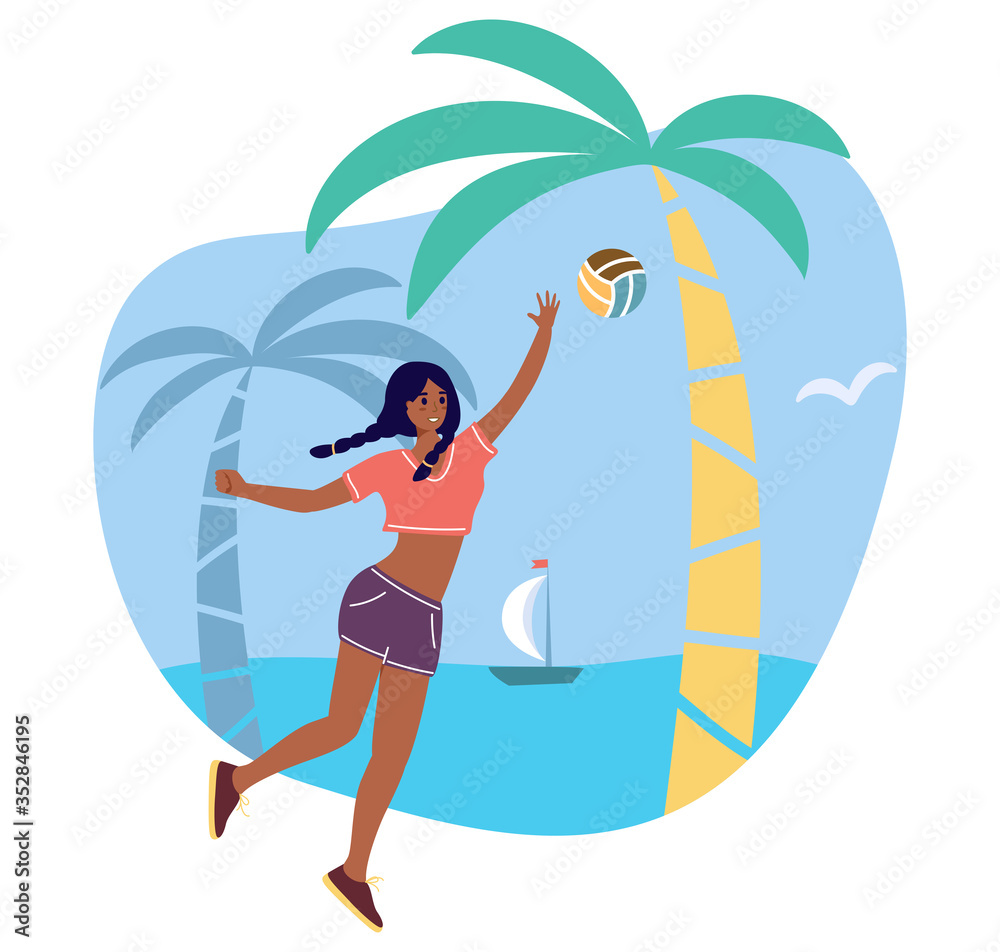 young girl with ball in the tropical beach - cartoon character playing sports game with ball - flat vector stock illustration isolated on white background. Beach volleyball female player.