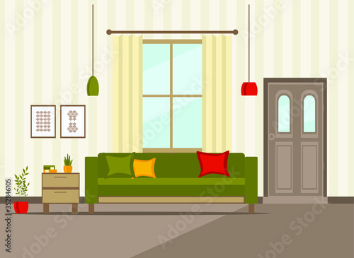 room interior with doors and furniture  flat vector illustration