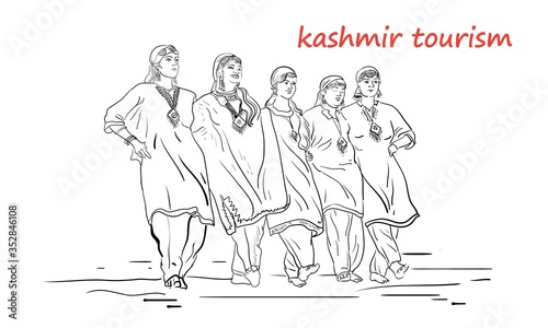 kashmir people dancing line drawing vector