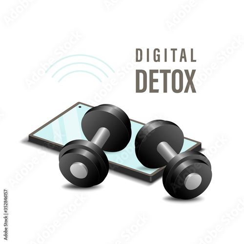 Smartphone pressed by dumbbells. The concept of a healthy lifestyle without digital technology. Vector illustration.