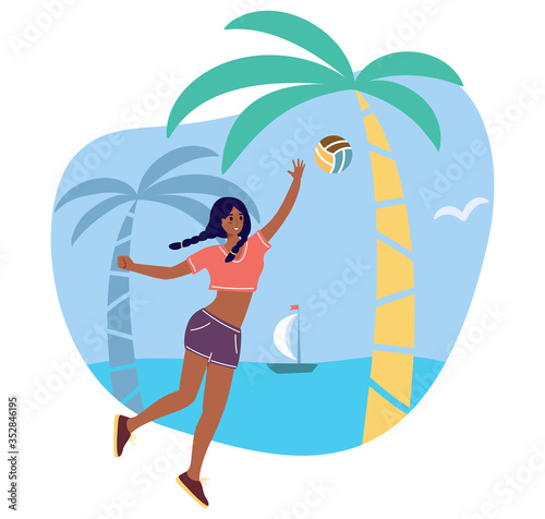 young girl with ball in the tropical beach - cartoon character playing sports game with ball - flat vector stock illustration isolated on white background. Beach volleyball female player.