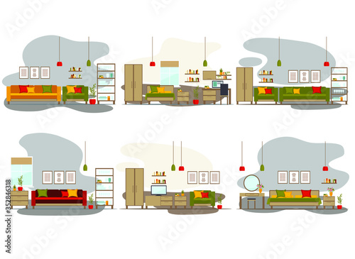 set of living room interior with furniture, TV, table, shelves with books and home flowers, floor lamp. flat cartoon vector illustration