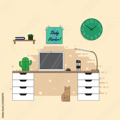 Workplace in a flat style. Notebook, poster, thermocup, humidifier, lamp, cat, flower, book, garland. vector illustration.
