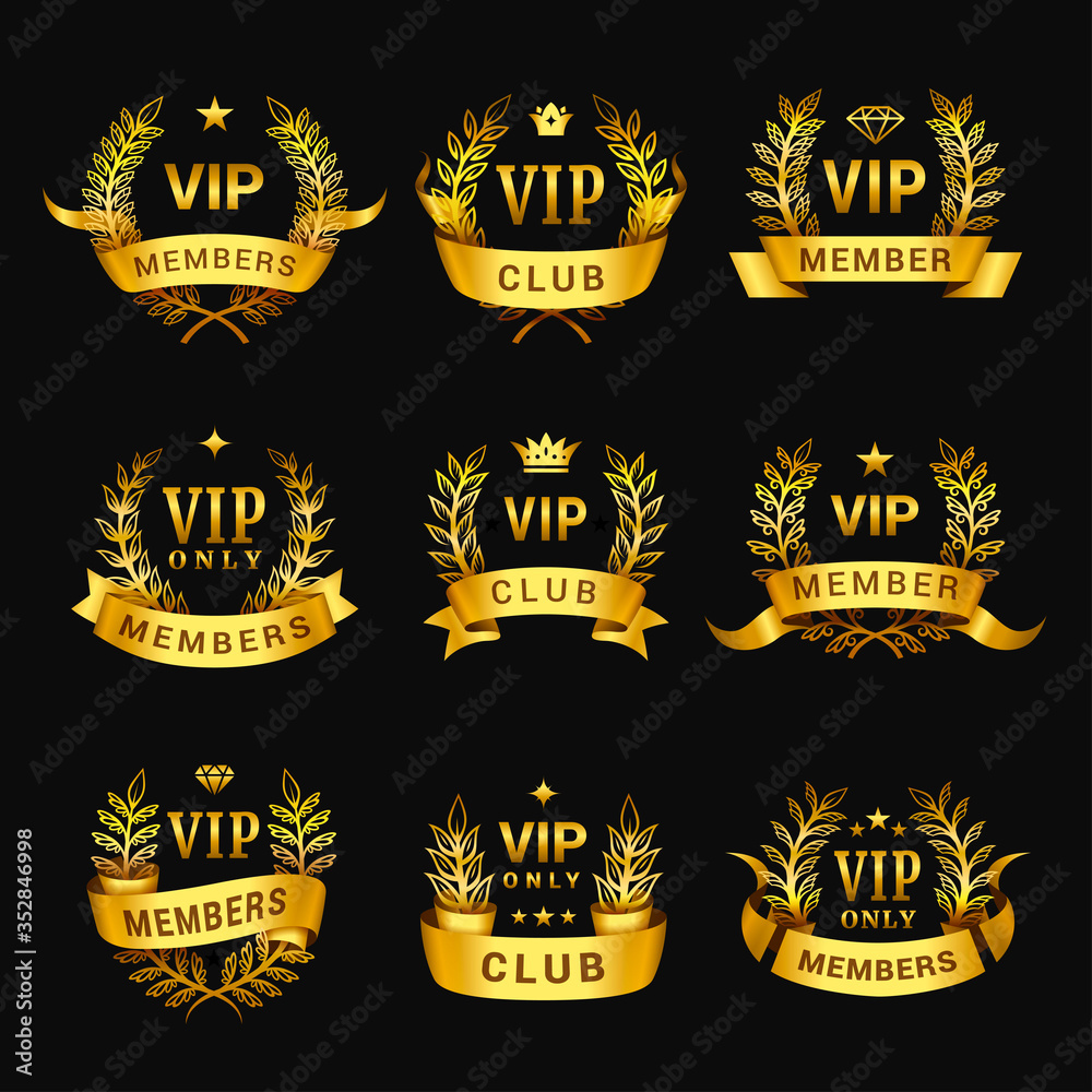 VIP members, club emblems design set. Golden badges, labels. Exclusive membership signs.