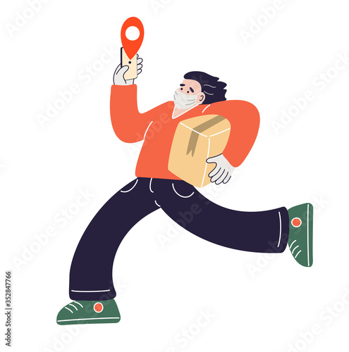 Delivery man wearing medical mask and gloves. Courier holds a phone and runs with the order. Safety delivery concept. Vector illustration in flat style.
