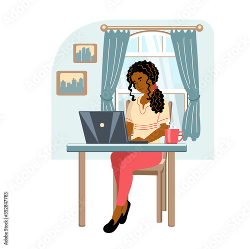 Young african american woman with laptop working from home. Girl sitting in modern interior. Home office concept. People who study or work at home. Vector illustration in flat style.