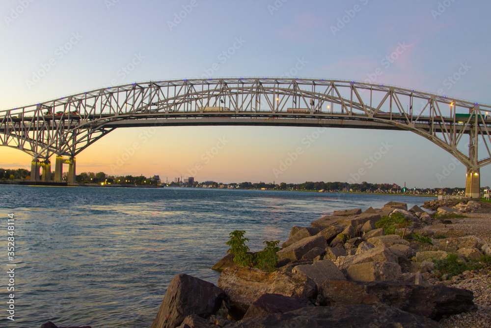 Fototapeta premium Twins spans of the Blue Water Bridge International border crossing between Port Huron, Michigan, USA and Sarnia, Ontario, Canada.