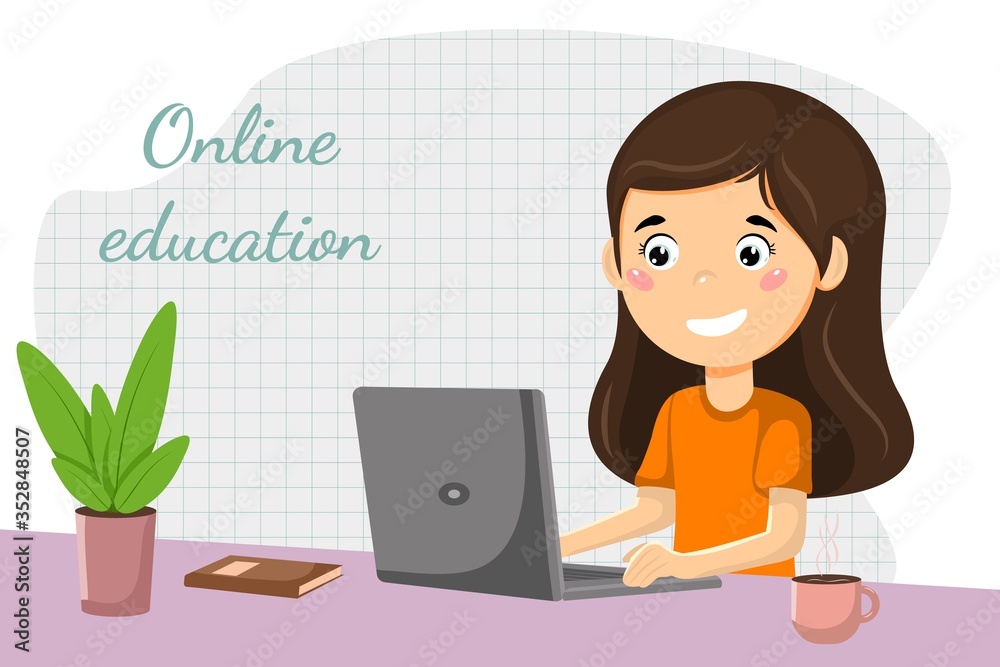 Online learning young girl studying at a laptop vector illustration concept Online learning young girl studying at a laptop vector illustration concept