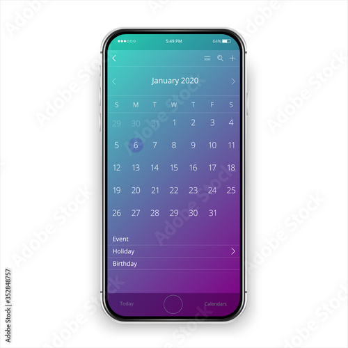 User interface design. Mobile calendar app. Phone app calendar 2020 year. Isolated cellphone.