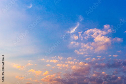 Colorful sunset sky above clouds with dramatic light in twilight time. Beautiful sunset background