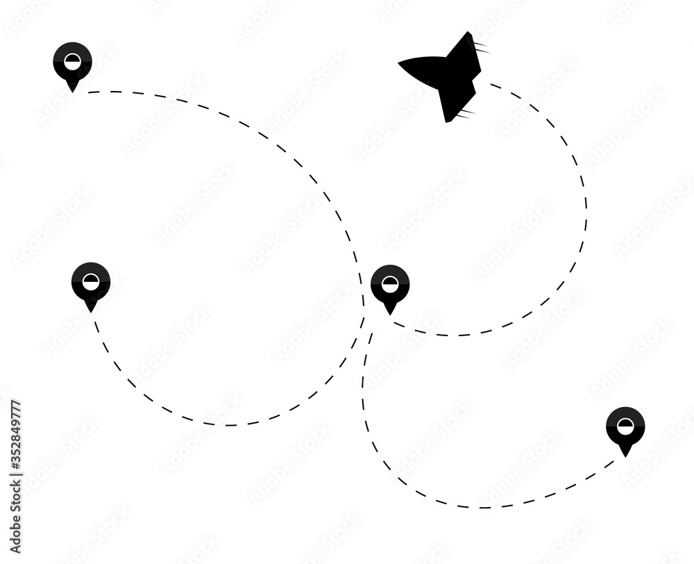 Path flight travel plane trip and airplane symbol, fly aircraft travelling transportation symbol vector illustration Path flight travel plane trip and airplane symbol, fly aircraft travelling transportation symbol vector illustration