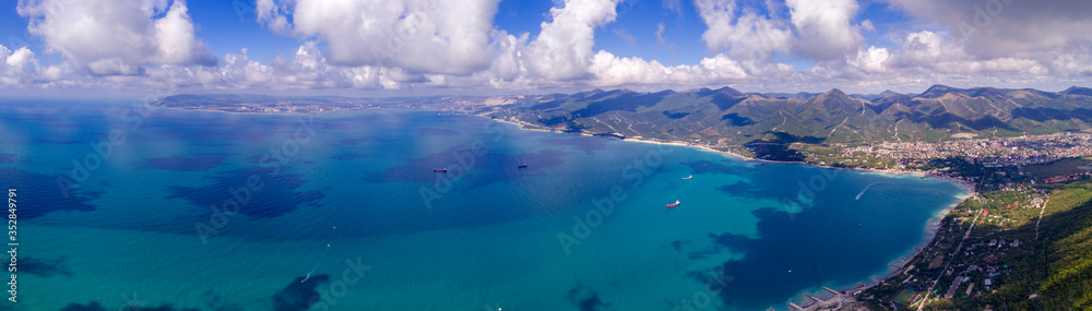 Panorama of the resort village of Kabardinka is located on the shore of Tsemesskaya Bay at the foot of the Caucasus mountains. From a bird's eye view