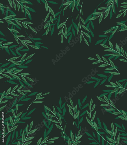 Vector illustration of decoration branches with leaves and grass  nature background. Landscape background with forest.