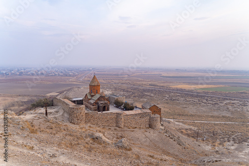 Armenia, autumn, 2019: khor virap monastery, cliff view on a cloudy day photo