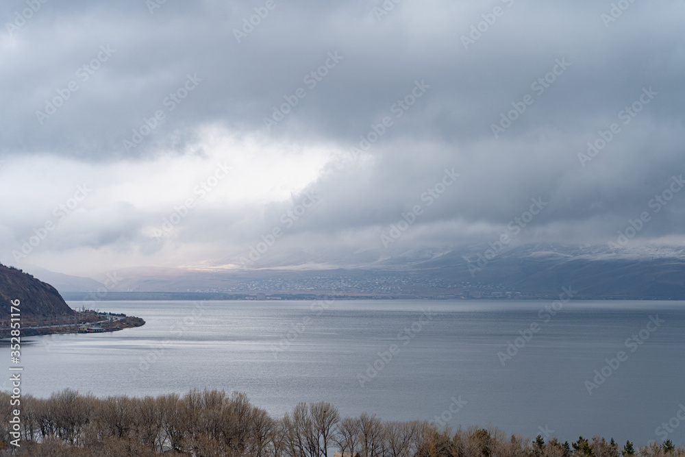 Armenia, autumn, 2019: mountain view on Azat reservoir on cloudy autumn day