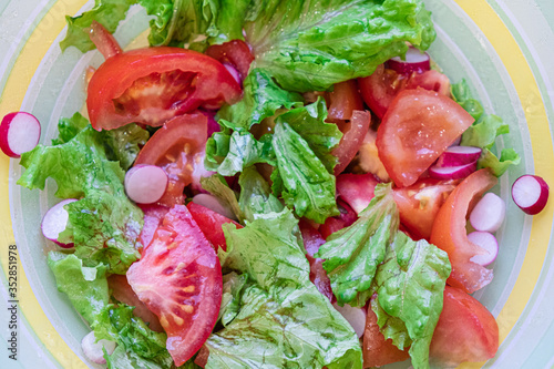 vegetable salad of tomato, cucumber, radish and lettuce seasoned with olive oil. healthy eating concept