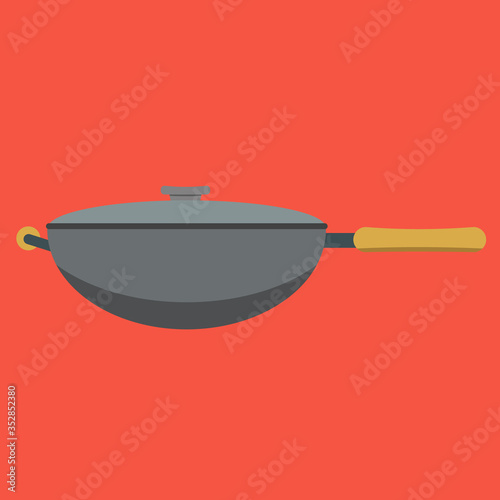 Wok pan in gray and wooden handle