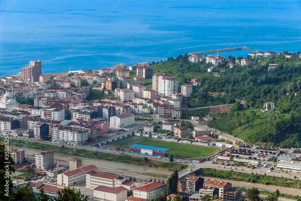 TRABZON, TURKEY - JUNE 28, 2008: General view. City stadium and Port. Of district