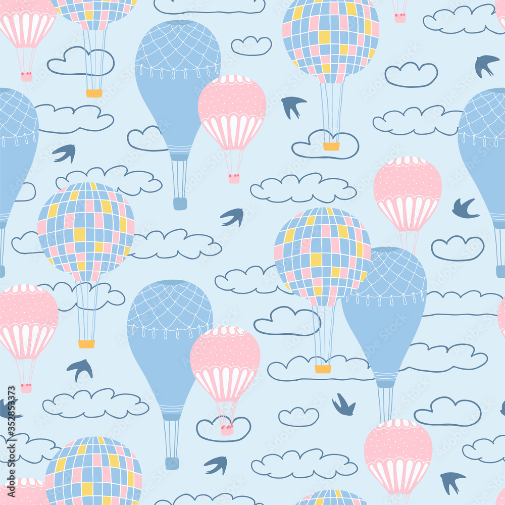 Children's seamless pattern with air balloons, clouds and birds on blue background. Cute texture for kids room design, Wallpaper, textiles, wrapping paper, apparel. Vector illustration Children's seamless pattern with air balloons, clouds and birds on blue background. Cute texture for kids room design, Wallpaper, textiles, wrapping paper, apparel. Vector illustration