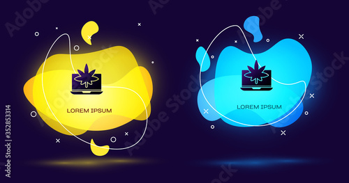 Black Laptop and medical marijuana or cannabis leaf icon isolated on black background. Online buying symbol. Supermarket basket. Abstract banner with liquid shapes. Vector Illustration