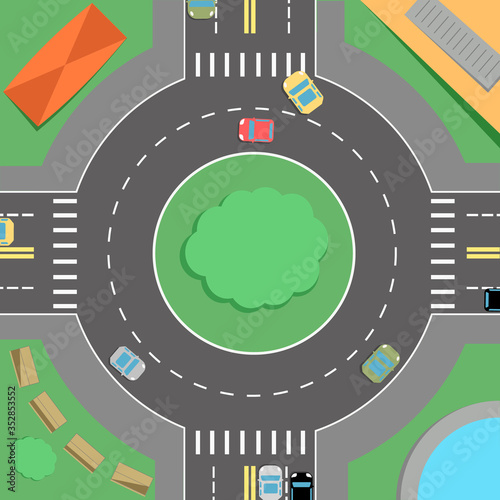 Roundabout with cars with road markings, trees and buildings on the sidewalk vector drawing