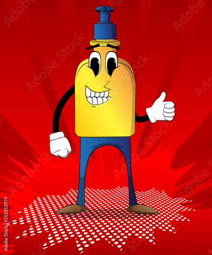 Happy Bottle of hand sanitizer gel making thumbs up sign, virus protection.