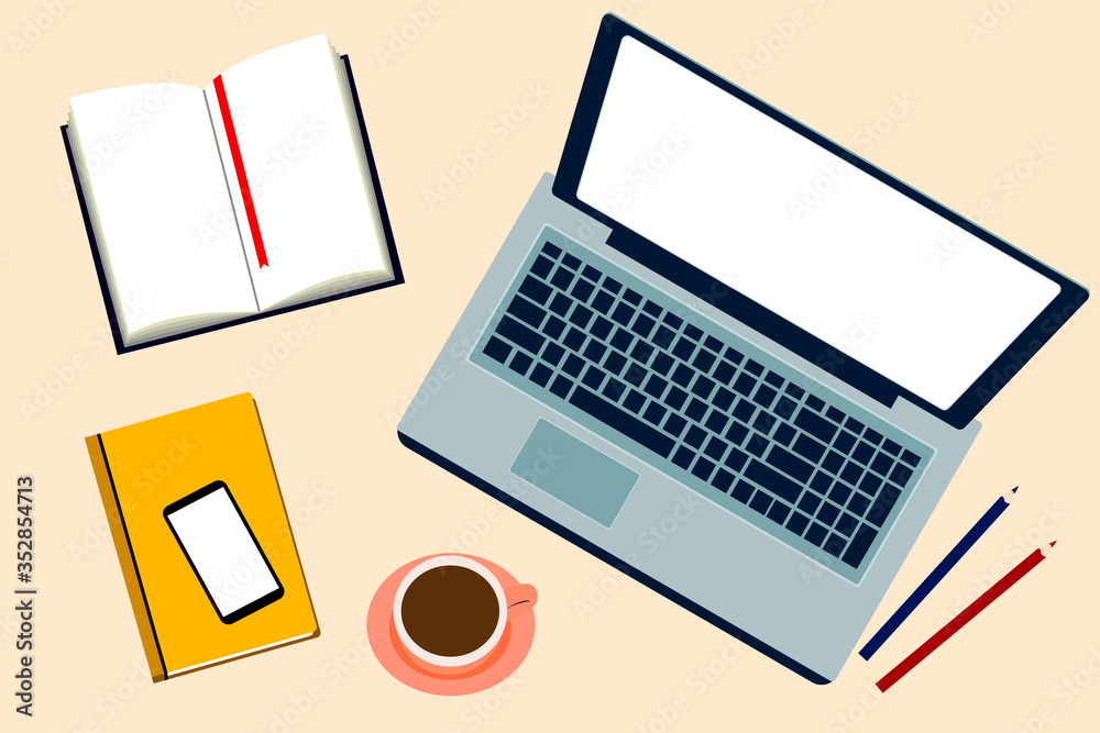 Home office vector illustrations, Desktop with laptop, books, coffee ,smartphone. Notepad. Pastel concept, Top view. online lifestyle concept. Online education, work at home concept. Home office vector illustrations, Desktop with laptop, books, coffee ,smartphone. Notepad. Pastel concept, Top view. online lifestyle concept. Online education, work at home concept.
