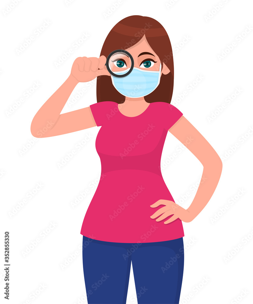 Young girl in medical face mask, looking through magnifying glass. Woman holding a magnifier. Female character design. Modern lifestyle. Corona virus epidemic outbreak. Cartoon illustration in vector.