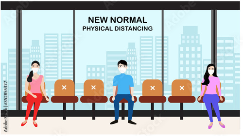New normal in physical distancing, people keep distance from each other and wearing face mask prevention from disease outbreak vector illustration. New normal after COVID-19 pandemic concept 