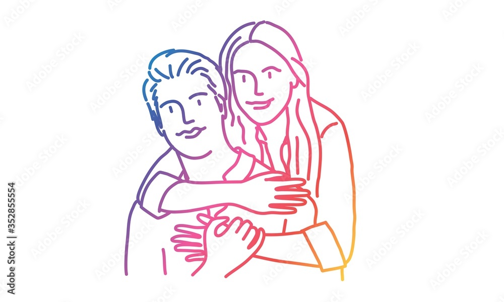 Happy couple hugs each other. Rainbow colors in linear vector illustration. Happy couple hugs each other. Rainbow colors in linear vector illustration.