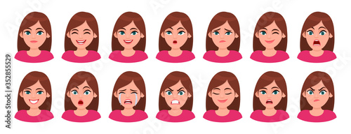 Set of different facial expressions female character. Collection of young woman feelings. Beautiful girl emoji with various emotions. Collage of cute lady's portrait. Cartoon illustration in vector.