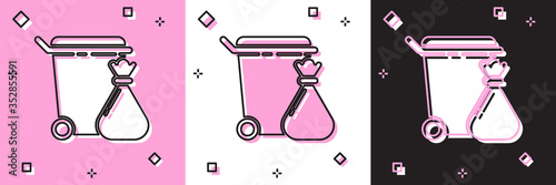 Set Trash can and garbage bag icon isolated on pink and white, black background. Garbage bin sign. Recycle basket icon. Office trash icon. Vector Illustration