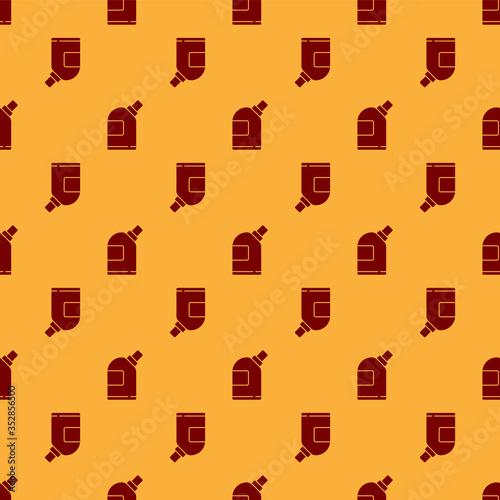 Red Plastic bottles for laundry detergent, bleach, dishwashing liquid or another cleaning agent icon isolated seamless pattern on brown background. Vector Illustration