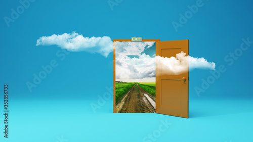 3d rendering the empty room with opened door. beautiful landscape with country road and sun.