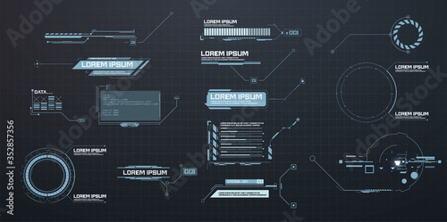 Callouts titles. Callout bar labels, information call box bars and modern digital info. Tech digital info boxes hud templates. Futuristic set advertising communication. Vector illustration photo