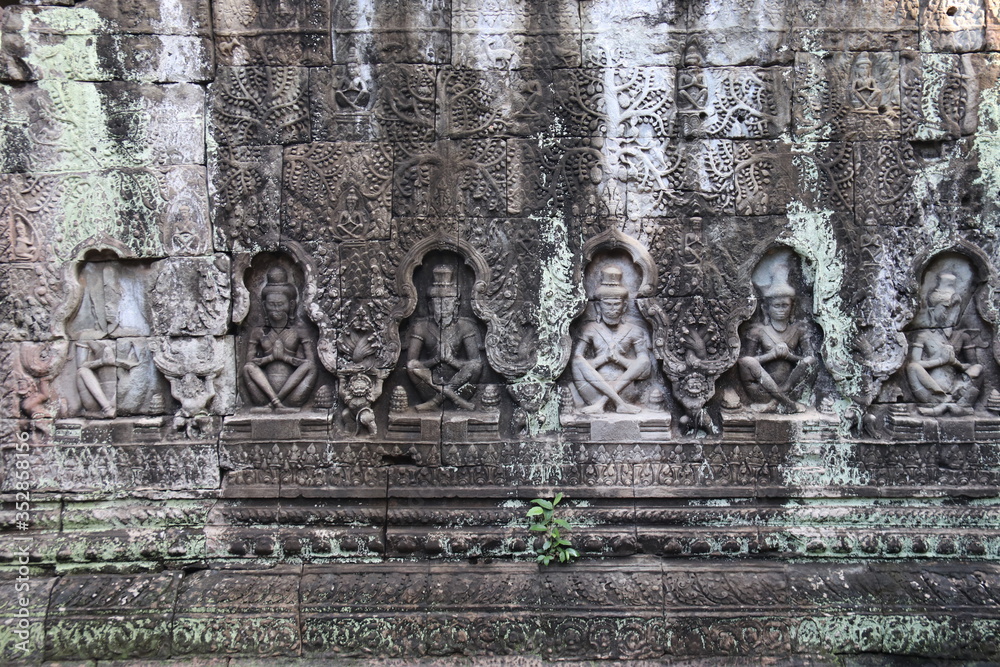 Fresque d'un temple à Angkor, Cambodge