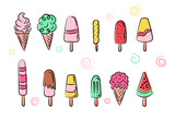 Ice cream set on white background. Ice cream doodle illustration background . Assorted Ice Cream for print, add, card and textile