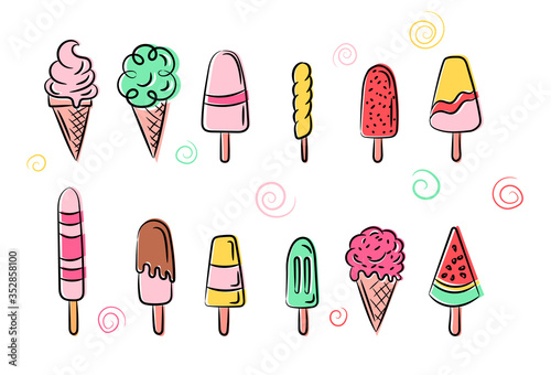 Ice cream set on white background. Ice cream doodle illustration background . Assorted Ice Cream for print, add, card and textile