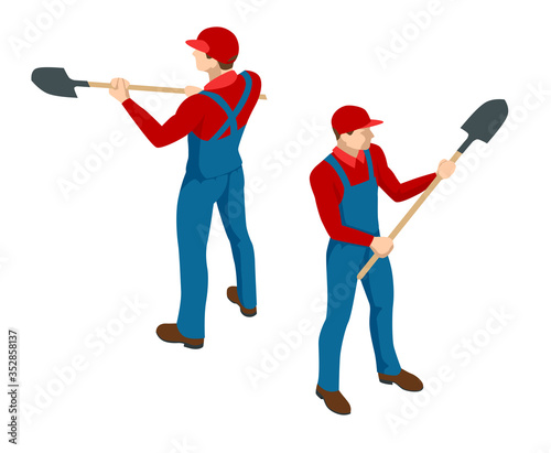 Isometric Farmer in working clothes with a shovel in hand. Construction worker with a shovel. Worker digging with a shovel isolated on white