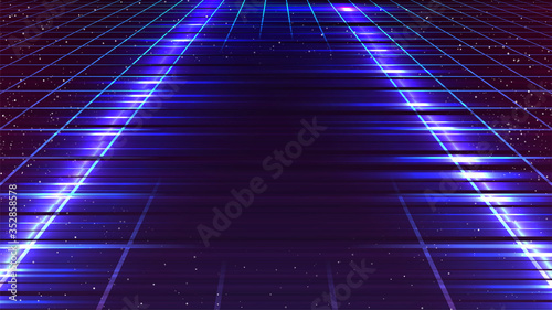 Fototapeta Naklejka Na Ścianę i Meble -  Cyberpunk glitch background. Dark sky with stars. Perspective grid. Blue distorted neon light. Empty space for your content. 80s style graphic art. Sci-fi banner template. Stock vector illustration
