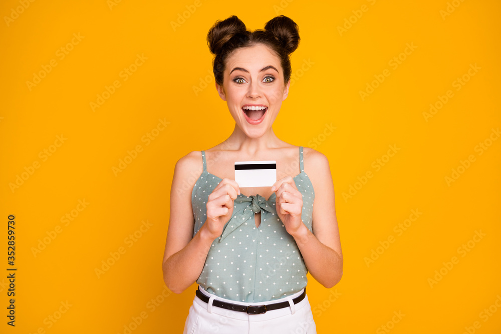 Omg i win golden debit card. Astonsihed crazy funny girl freelancer impressed by savings bank service income scream wow omg ear tank-top white isolated over bright shine color background Omg i win golden debit card. Astonsihed crazy funny girl freelancer impressed by savings bank service income scream wow omg ear tank-top white isolated over bright shine color background