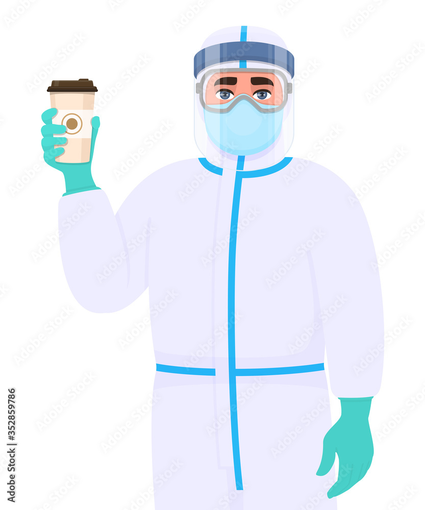 Doctor in safety protection suit uniform, mask, glasses and face shield showing coffee cup. Person holding paper mug. Surgeon or physician wearing personal protective equipment dress. Vector cartoon. Doctor in safety protection suit uniform, mask, glasses and face shield showing coffee cup. Person holding paper mug. Surgeon or physician wearing personal protective equipment dress. Vector cartoon.