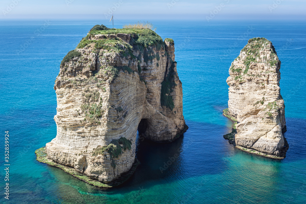 Rock of Raouche also called Pigeon Rock in Beirut, capital city of Lebanon