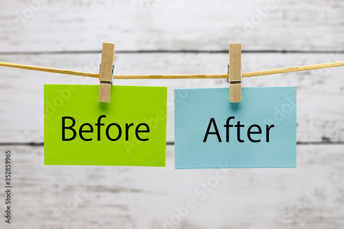 洗濯挟みで吊るされた「before」と「after」のカード