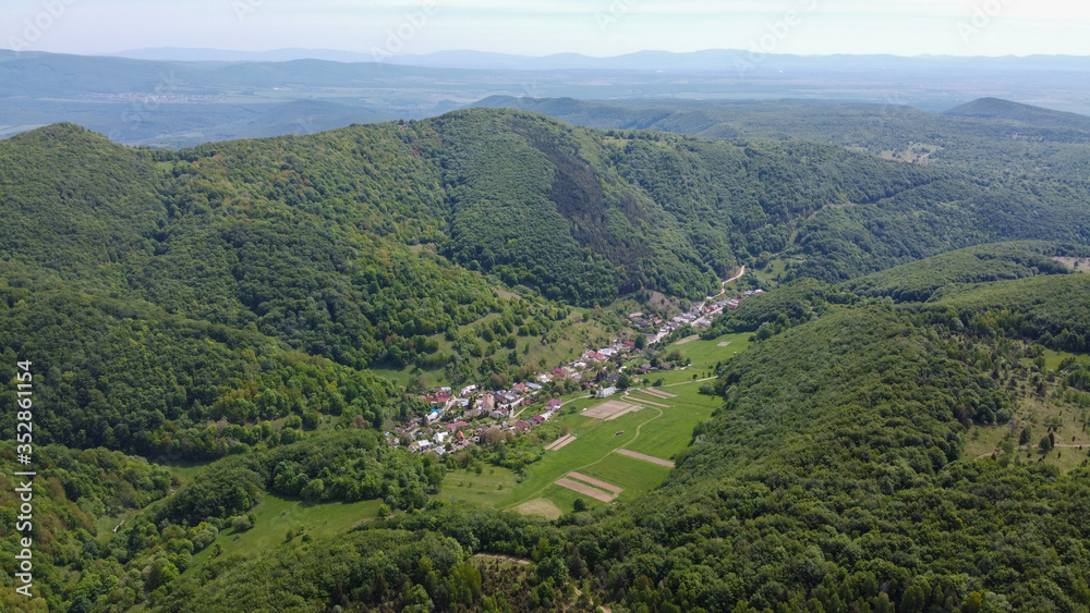 Village Hačava, Slovakia with in the valley from the top during sunny day