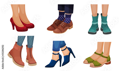 Legs in Different Footwear with High Heeled Shoes and Autumn Boots Vector Set