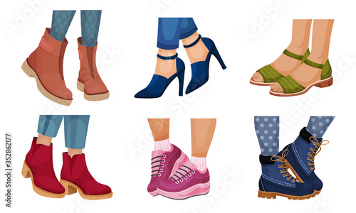 Legs in Different Footwear with High Heeled Shoes and Autumn Boots Vector Set