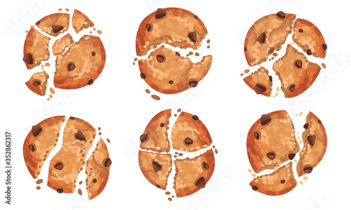 Oatmeal Cookies with Chocolate Crumbs Isolated on White Background Vector Set